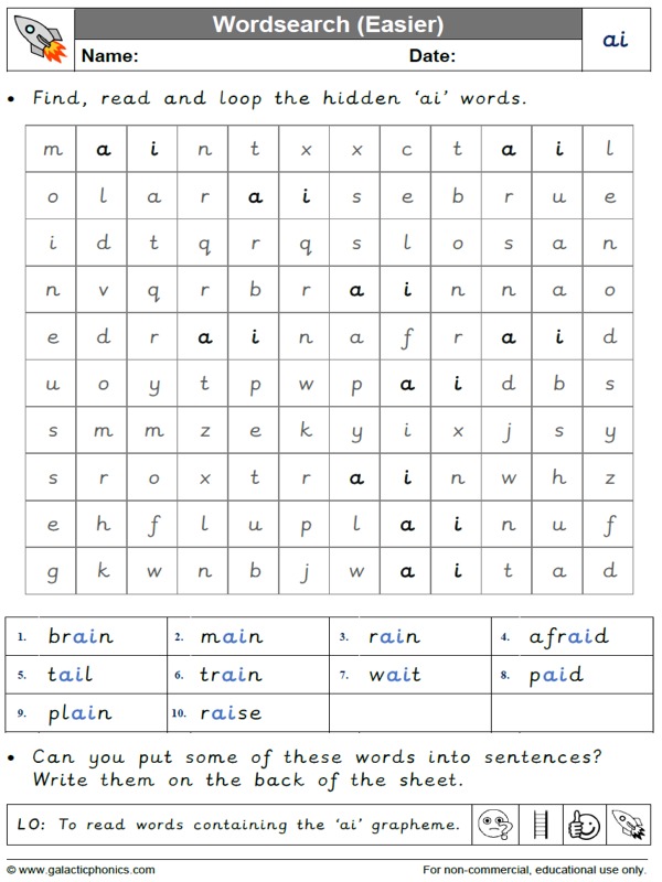 ai worksheets and games - Galactic Phonics