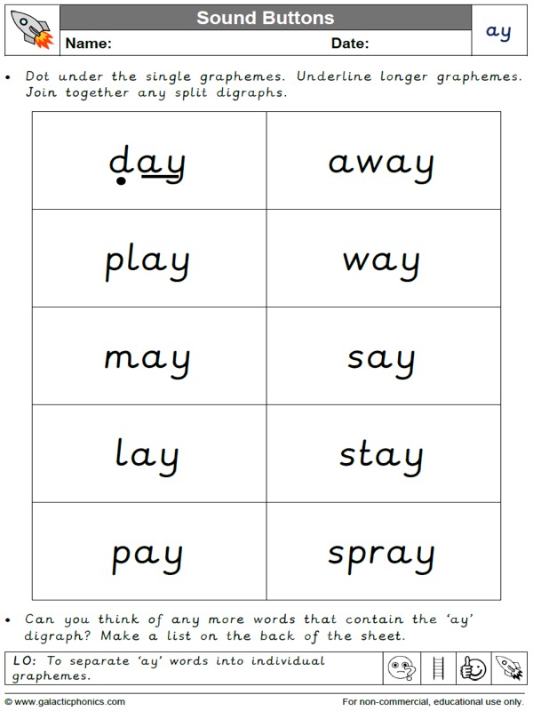 Ay Worksheets And Games Galactic Phonics