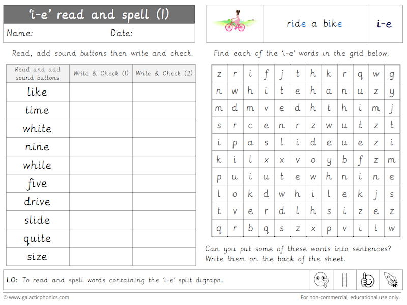 Free 'i-e' (split digraph) worksheets and games - Galactic Phonics