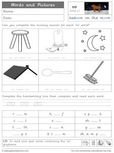 oo (long u) words and pictures worksheet