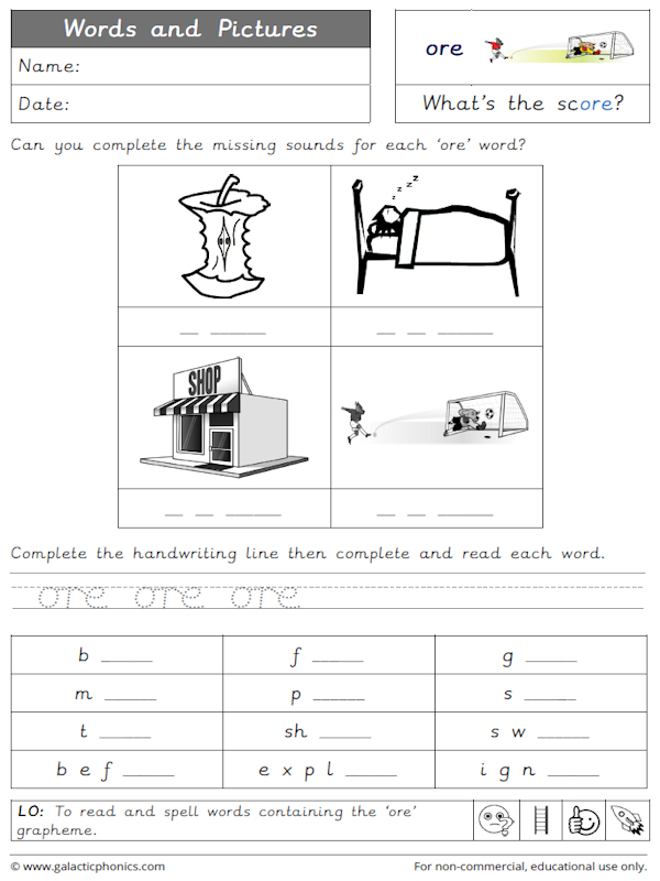 'ore' phonics worksheets and games - Galactic Phonics