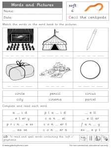 soft/gentle c words and pictures worksheet.