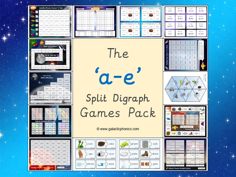 ae split digraph worksheets and games Galactic Phonics