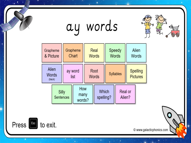 ay worksheets and games Galactic Phonics