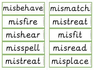 mis- prefix word cards