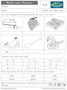 a-e (split digraph) words and pictures worksheet