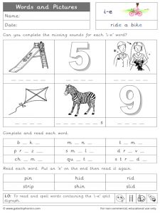 i-e (split digraph) words and pictures worksheet