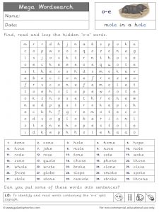 o-e (split digraph) mega wordsearch worksheet