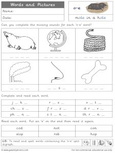 o-e (split digraph) words and pictures worksheet