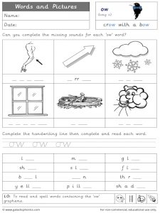ow (long o) words and pictures worksheet