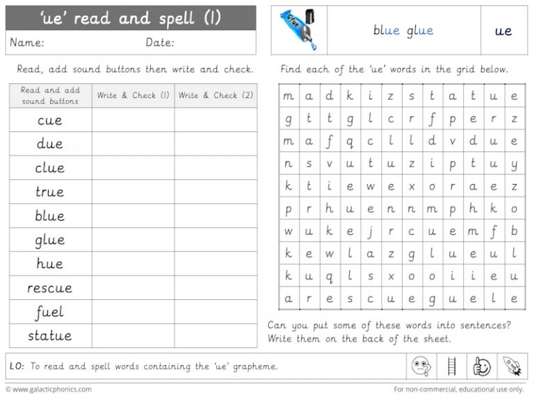 Free 'ue' phonics worksheets and games - Galactic Phonics
