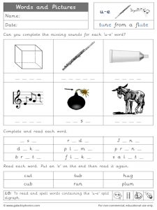 u-e (split digraph) words and pictures worksheet