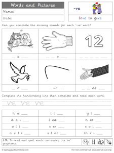 -ve words and pictures worksheet
